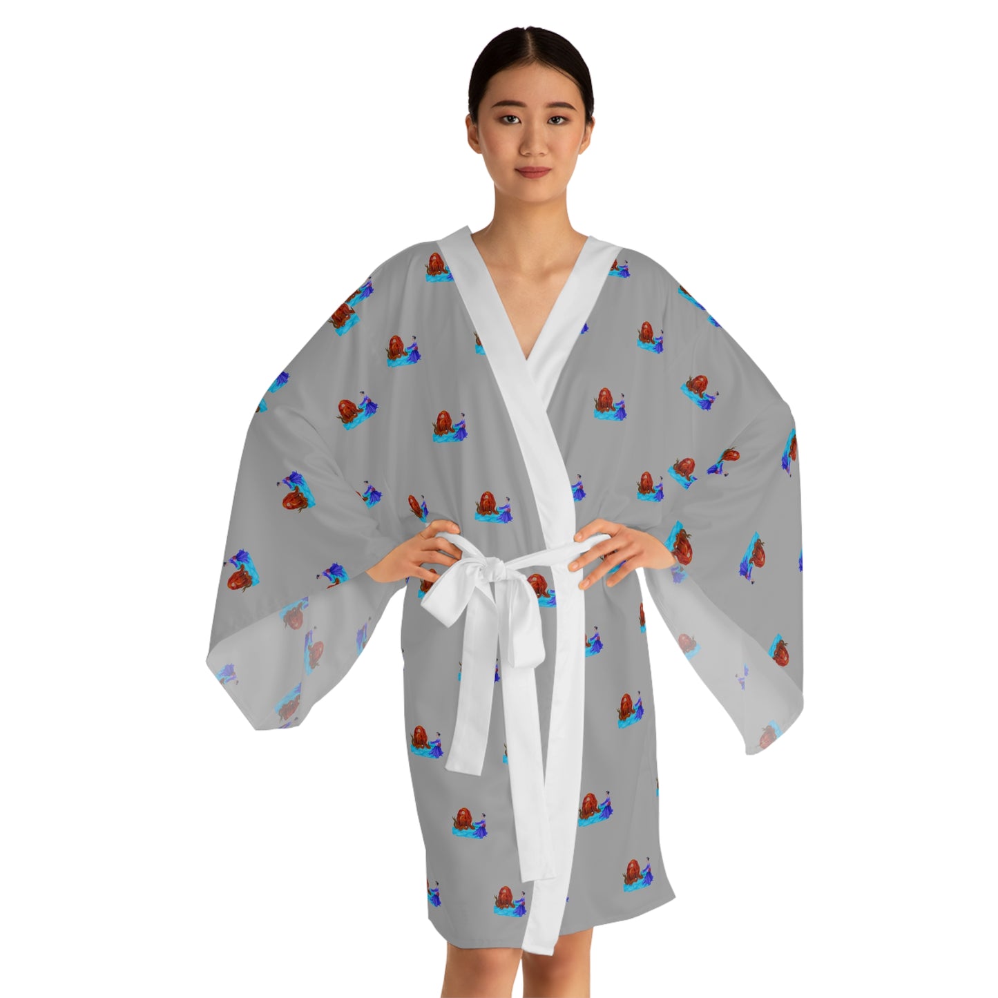 Long Sleeve Kimono Robe (AOP) Gry/Wht