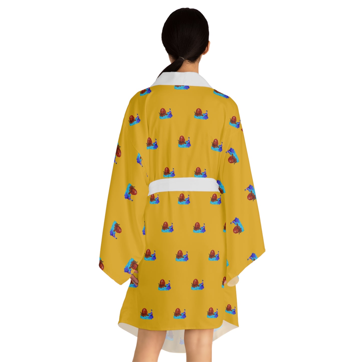 Long Sleeve Kimono Robe (AOP) Golden/Wht